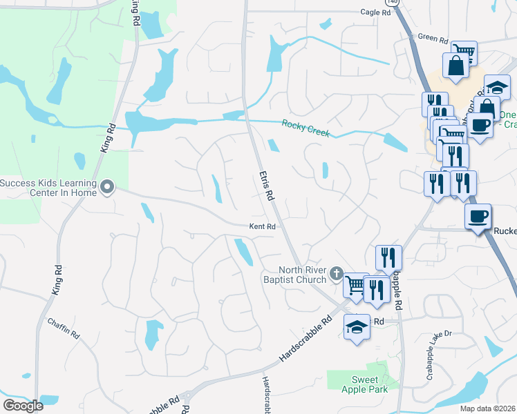 map of restaurants, bars, coffee shops, grocery stores, and more near 1005 Etris Manor Drive in Roswell