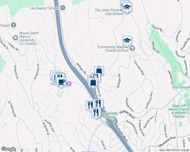 map of restaurants, bars, coffee shops, grocery stores, and more near 833 Moraga Drive in Los Angeles
