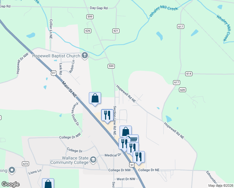 map of restaurants, bars, coffee shops, grocery stores, and more near 1004 Section Line Road Northeast in Hanceville