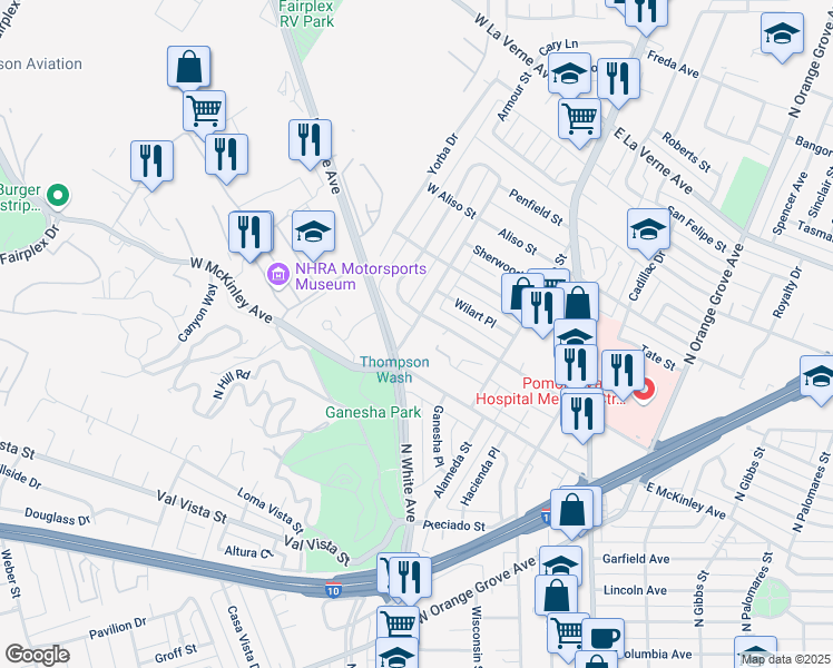 map of restaurants, bars, coffee shops, grocery stores, and more near 1660 Berkeley Avenue in Pomona
