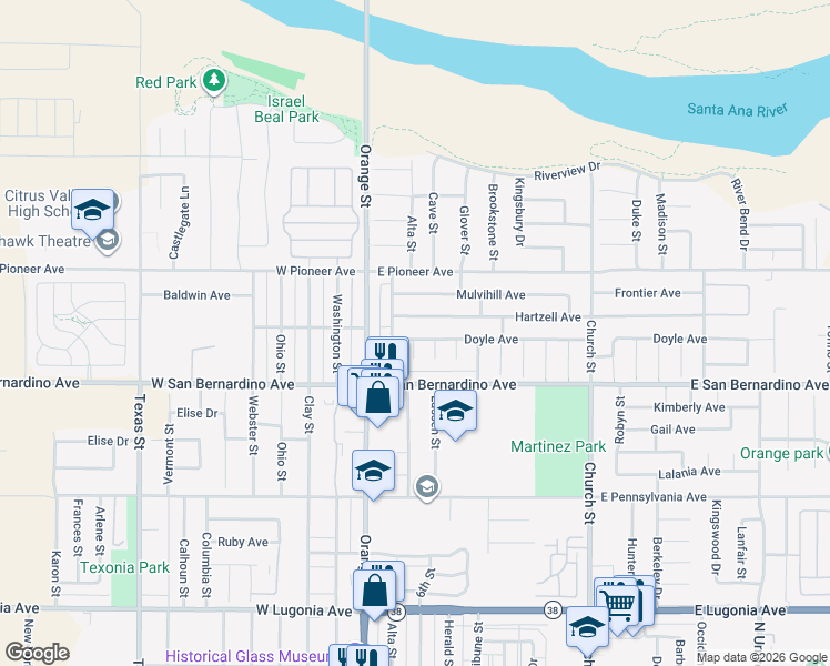 map of restaurants, bars, coffee shops, grocery stores, and more near 115 Doyle Avenue in Redlands