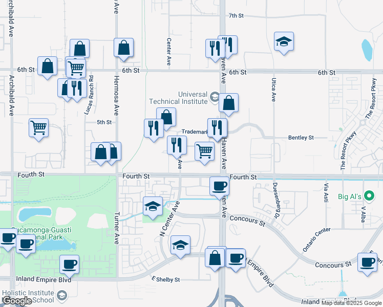 map of restaurants, bars, coffee shops, grocery stores, and more near 10350 Commerce Center Drive in Rancho Cucamonga