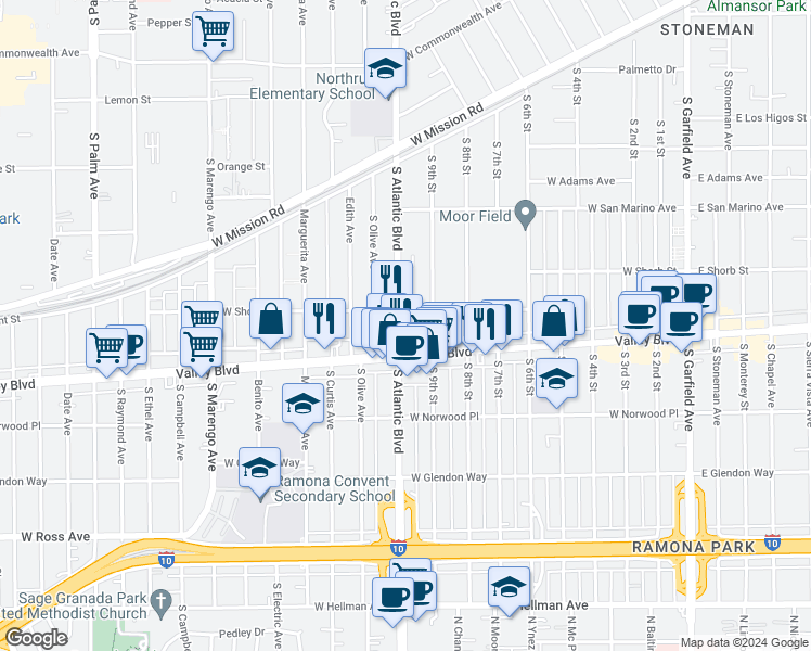 map of restaurants, bars, coffee shops, grocery stores, and more near 1212 South Atlantic Boulevard in Alhambra