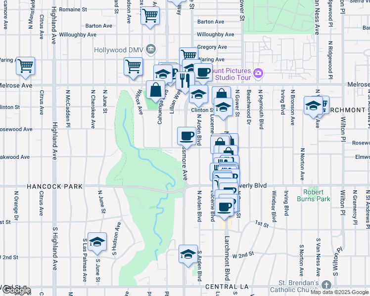 map of restaurants, bars, coffee shops, grocery stores, and more near Rosewood Avenue & North Rossmore Avenue in Los Angeles