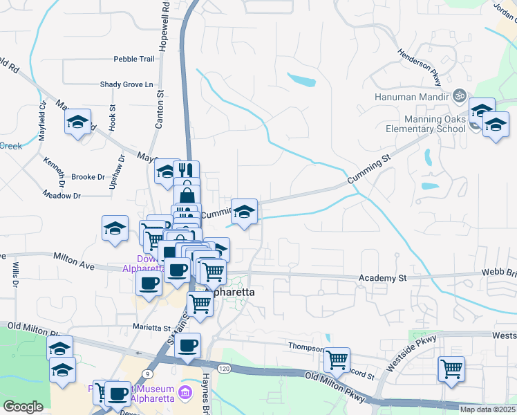 map of restaurants, bars, coffee shops, grocery stores, and more near 123 Cricket Lane in Alpharetta