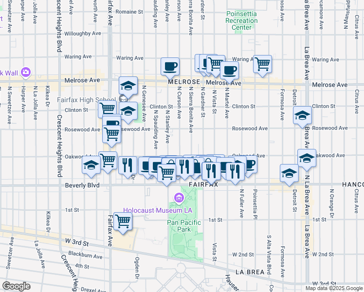 map of restaurants, bars, coffee shops, grocery stores, and more near 426 North Curson Avenue in Los Angeles