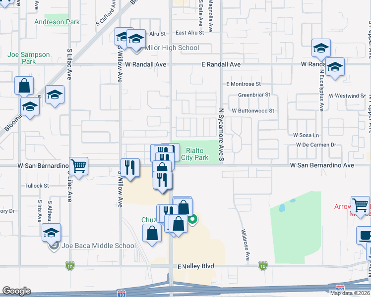 map of restaurants, bars, coffee shops, grocery stores, and more near 152 East San Bernardino Avenue in Rialto
