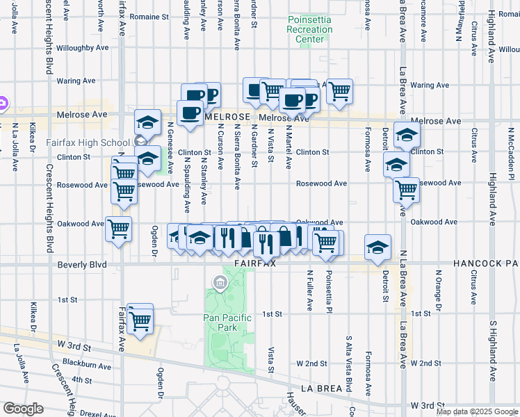 map of restaurants, bars, coffee shops, grocery stores, and more near 424 North Gardner Street in Los Angeles
