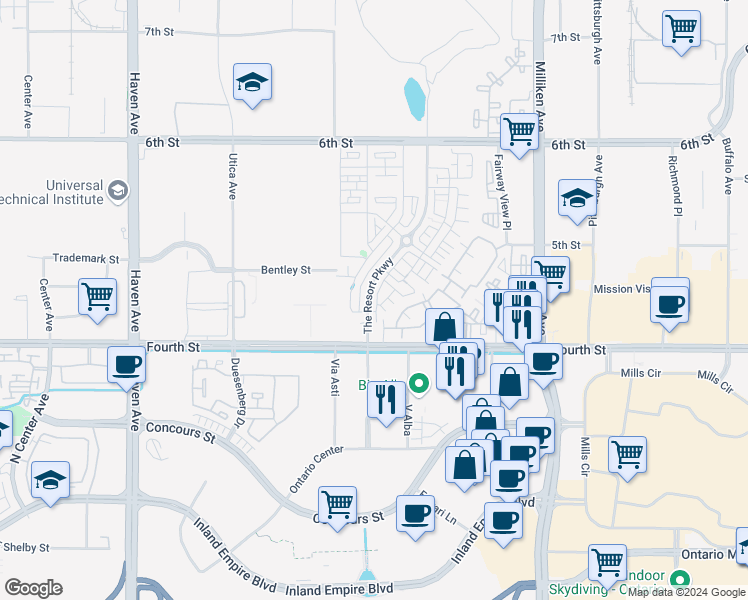 map of restaurants, bars, coffee shops, grocery stores, and more near 9654 Nova Place in Rancho Cucamonga