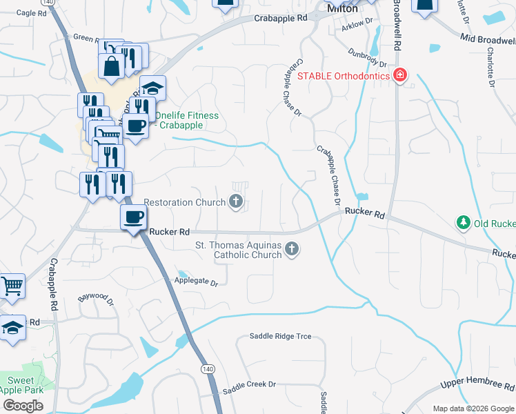 map of restaurants, bars, coffee shops, grocery stores, and more near 1075 Colgan Court in Alpharetta