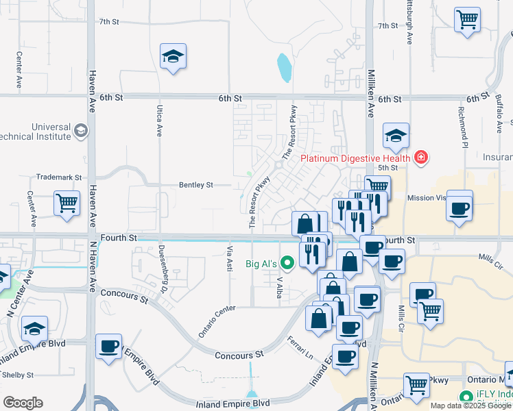 map of restaurants, bars, coffee shops, grocery stores, and more near 9680 Aire Place in Rancho Cucamonga