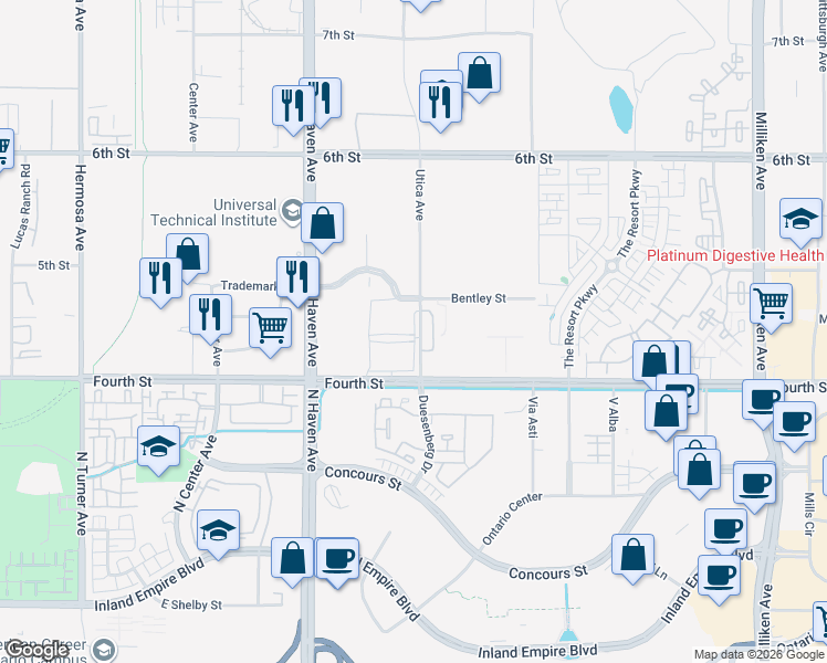 map of restaurants, bars, coffee shops, grocery stores, and more near 9678 Utica Avenue in Rancho Cucamonga