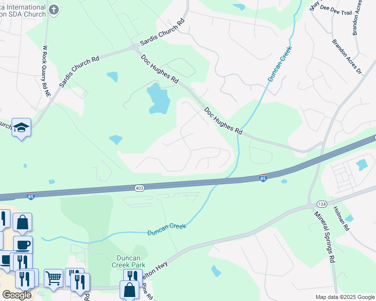 map of restaurants, bars, coffee shops, grocery stores, and more near 2096 Hamilton Lake Parkway in Buford