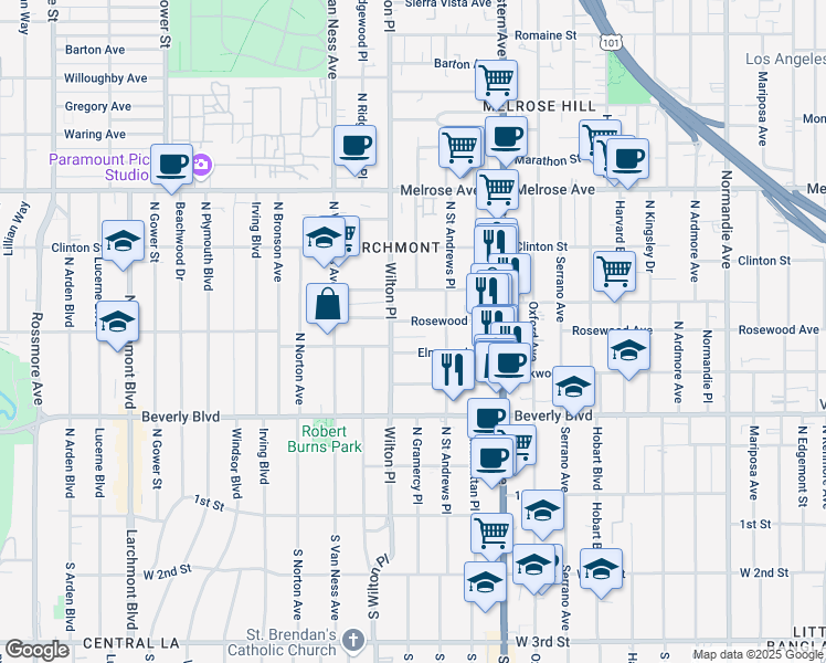 map of restaurants, bars, coffee shops, grocery stores, and more near 4833 Elmwood Avenue in Los Angeles