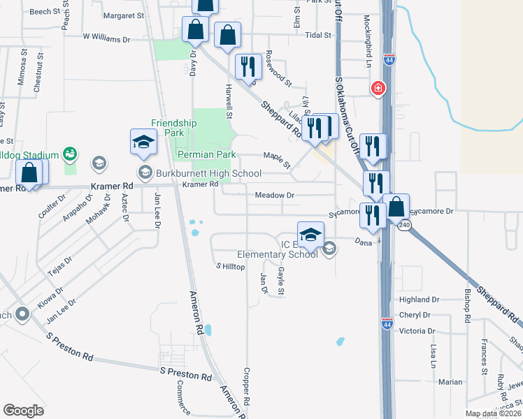 map of restaurants, bars, coffee shops, grocery stores, and more near 608 Sycamore Drive in Burkburnett