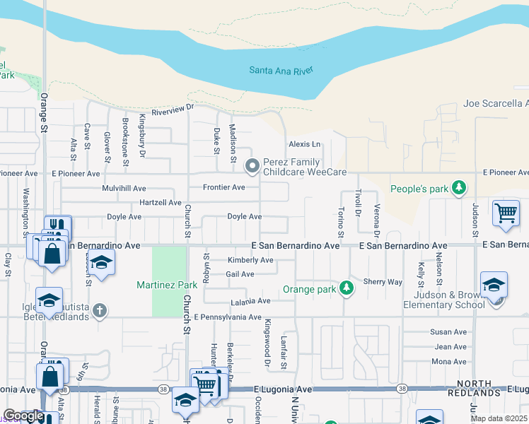 map of restaurants, bars, coffee shops, grocery stores, and more near 1009 Doyle Avenue in Redlands