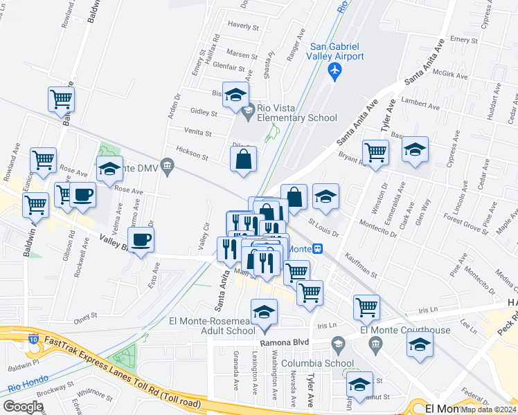 map of restaurants, bars, coffee shops, grocery stores, and more near 82619 Río Hondo Bike Path in El Monte