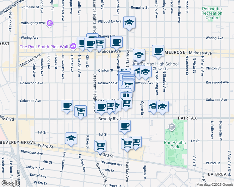 map of restaurants, bars, coffee shops, grocery stores, and more near 429 Hayworth Avenue in Los Angeles