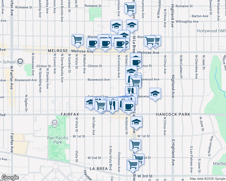 map of restaurants, bars, coffee shops, grocery stores, and more near 402 North Alta Vista Boulevard in Los Angeles