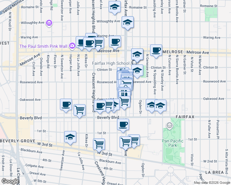 map of restaurants, bars, coffee shops, grocery stores, and more near 429 Hayworth Avenue in Los Angeles
