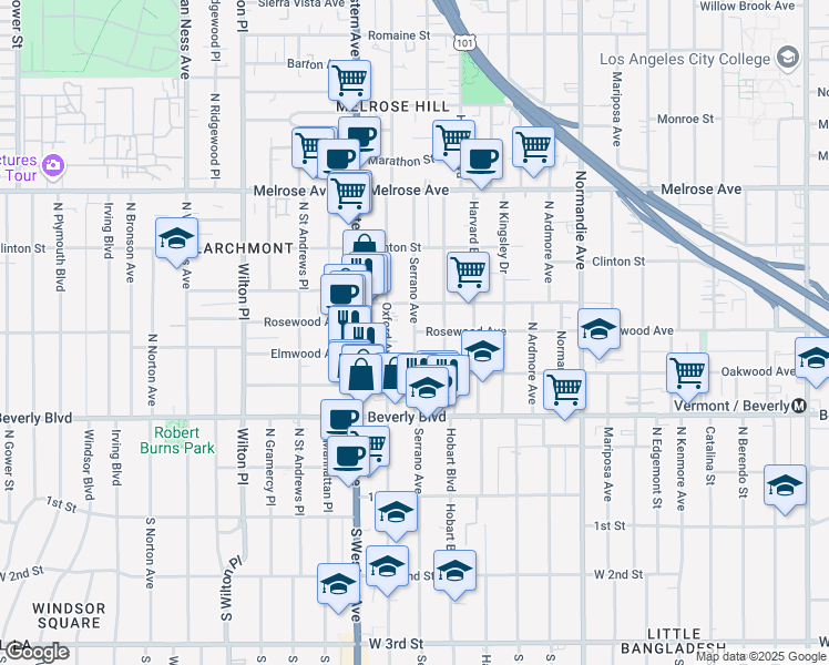 map of restaurants, bars, coffee shops, grocery stores, and more near Rosewood Ave & N Serrano Ave in Los Angeles