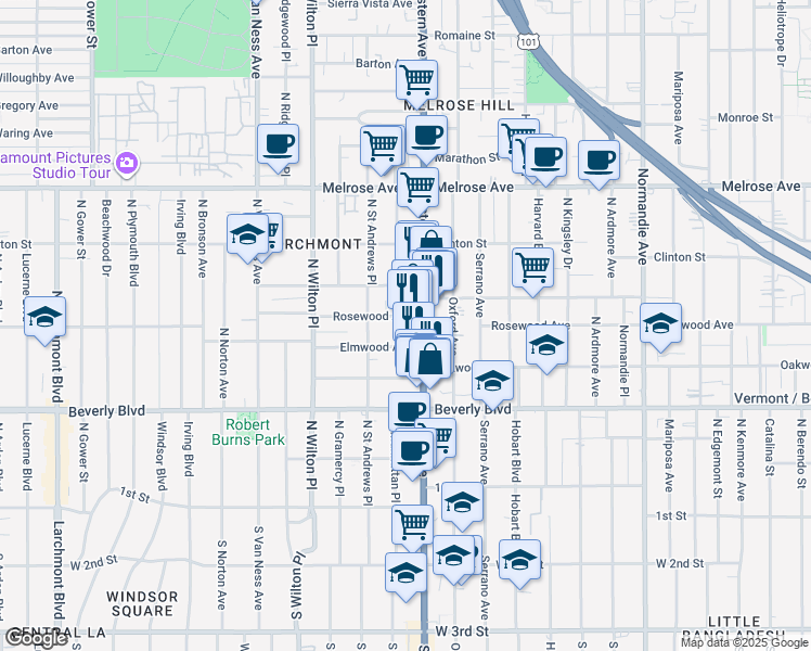 map of restaurants, bars, coffee shops, grocery stores, and more near 4816 Rosewood Avenue in Los Angeles