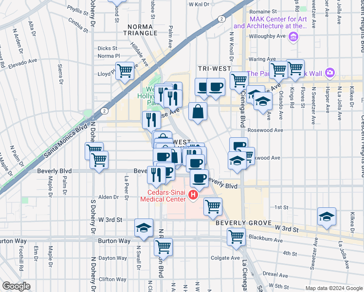 map of restaurants, bars, coffee shops, grocery stores, and more near 8704 Ashcroft Avenue in West Hollywood