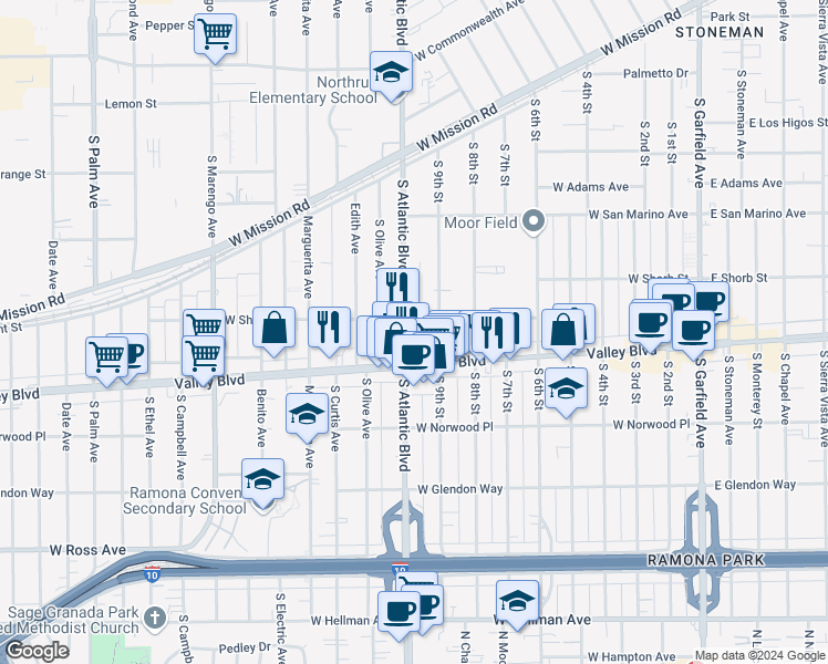 map of restaurants, bars, coffee shops, grocery stores, and more near 1212 South Atlantic Boulevard in Alhambra
