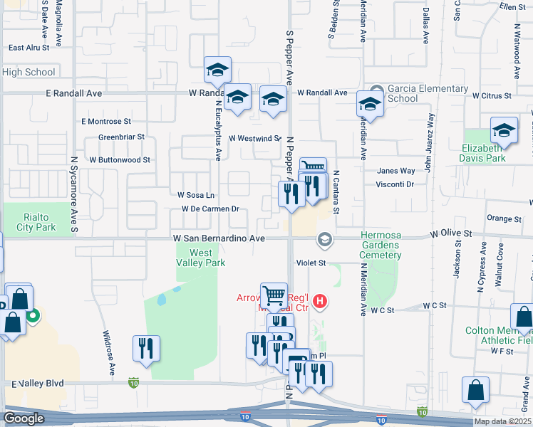 map of restaurants, bars, coffee shops, grocery stores, and more near 1720 Express Circle in Colton