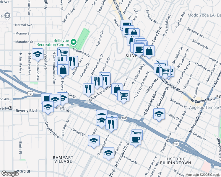 map of restaurants, bars, coffee shops, grocery stores, and more near 638 Silver Lake Boulevard in Los Angeles