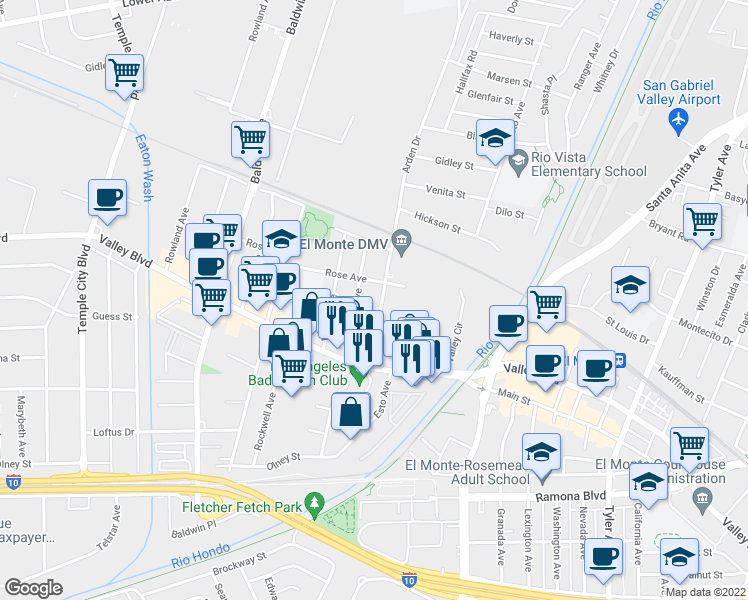 map of restaurants, bars, coffee shops, grocery stores, and more near 3933 Arden Drive in El Monte