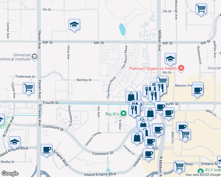 map of restaurants, bars, coffee shops, grocery stores, and more near 9680 Aire Place in Rancho Cucamonga