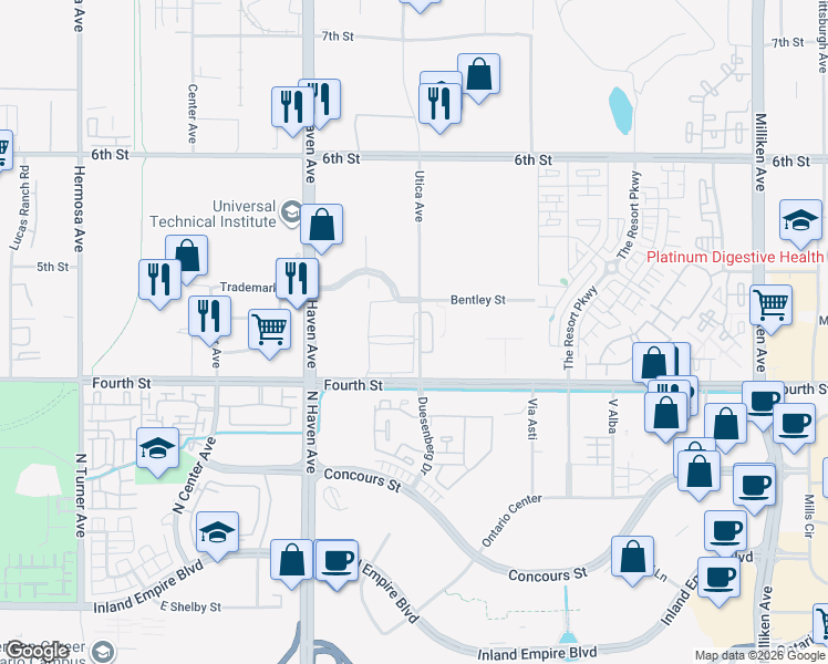 map of restaurants, bars, coffee shops, grocery stores, and more near 9595 Utica Avenue in Rancho Cucamonga