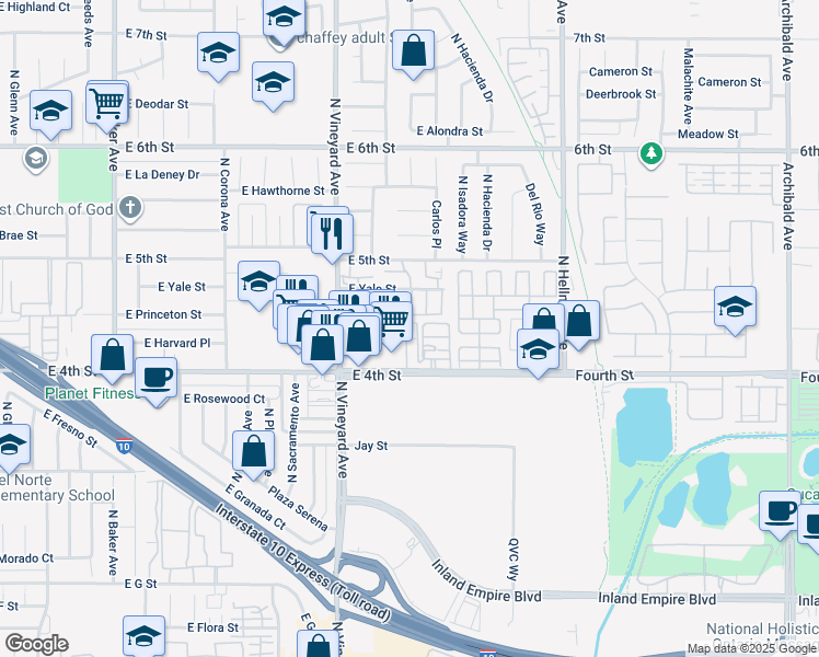 map of restaurants, bars, coffee shops, grocery stores, and more near 1955 East 4th Street in Ontario