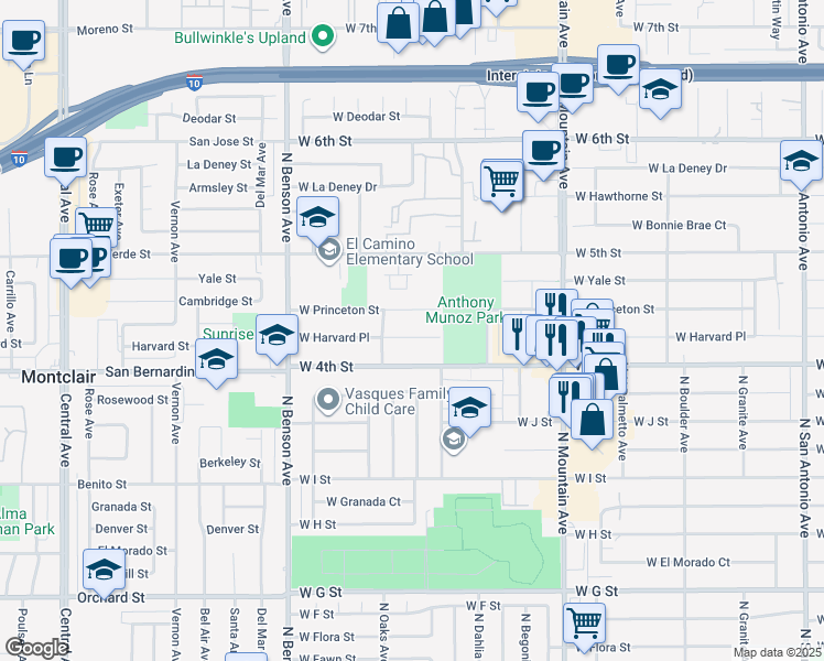 map of restaurants, bars, coffee shops, grocery stores, and more near 1353 West Harvard Place in Ontario