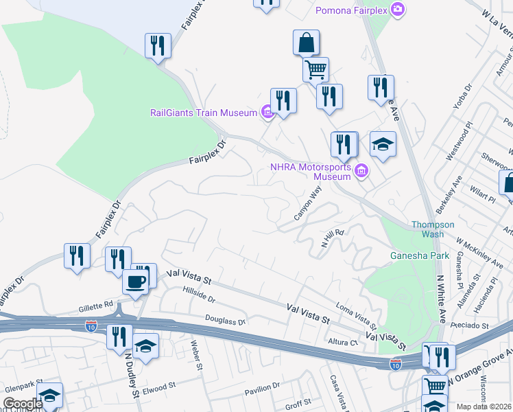 map of restaurants, bars, coffee shops, grocery stores, and more near 1236 Canyon Way in Pomona