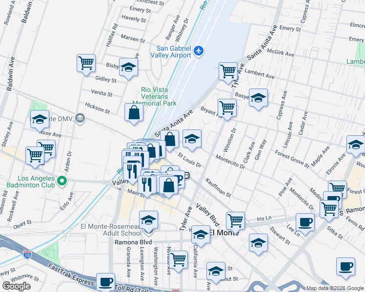 map of restaurants, bars, coffee shops, grocery stores, and more near 10805 Saint Louis Drive in El Monte