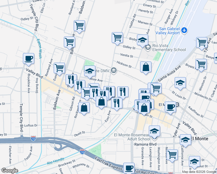 map of restaurants, bars, coffee shops, grocery stores, and more near 3909 Arden Drive in El Monte