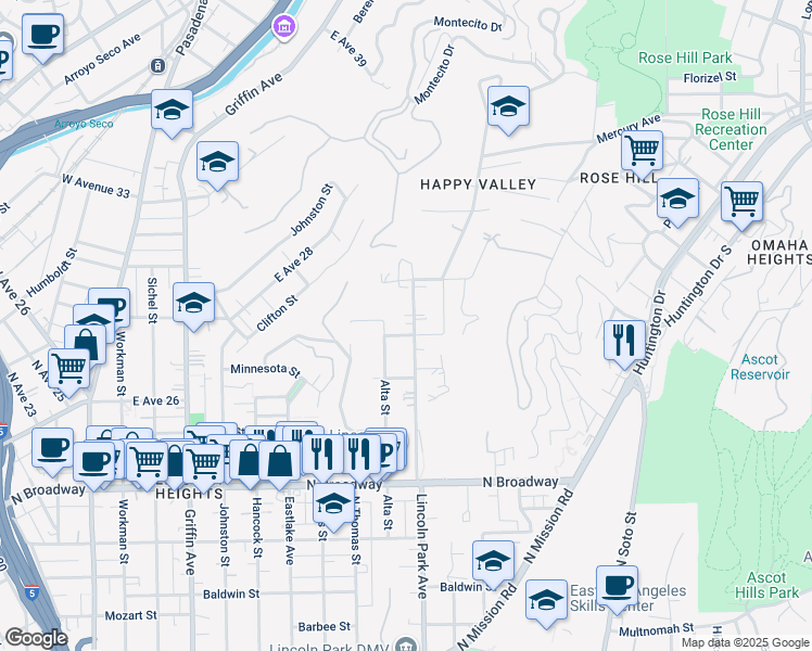 map of restaurants, bars, coffee shops, grocery stores, and more near 2745 Lincoln Park Avenue in Los Angeles