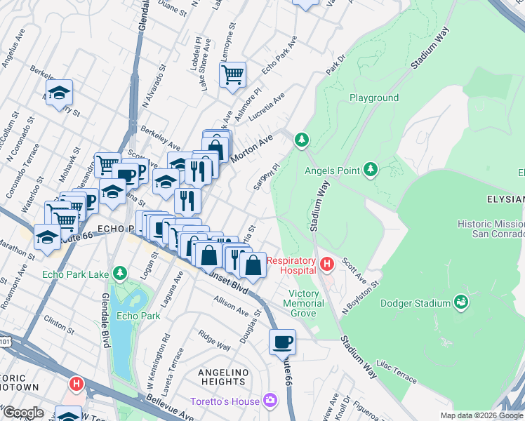 map of restaurants, bars, coffee shops, grocery stores, and more near 1452 Portia Street in Los Angeles