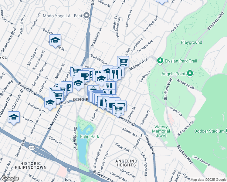 map of restaurants, bars, coffee shops, grocery stores, and more near 1615 Montana Street in Los Angeles