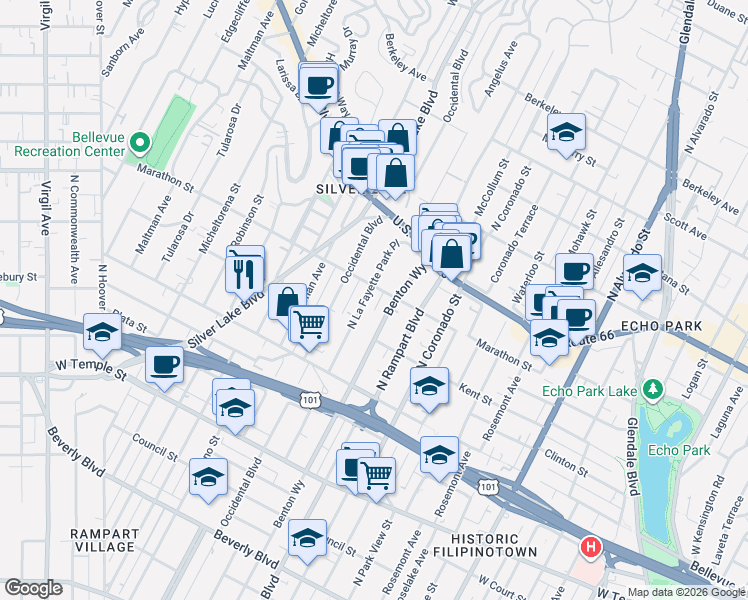 map of restaurants, bars, coffee shops, grocery stores, and more near 718 North La Fayette Park Place in Los Angeles