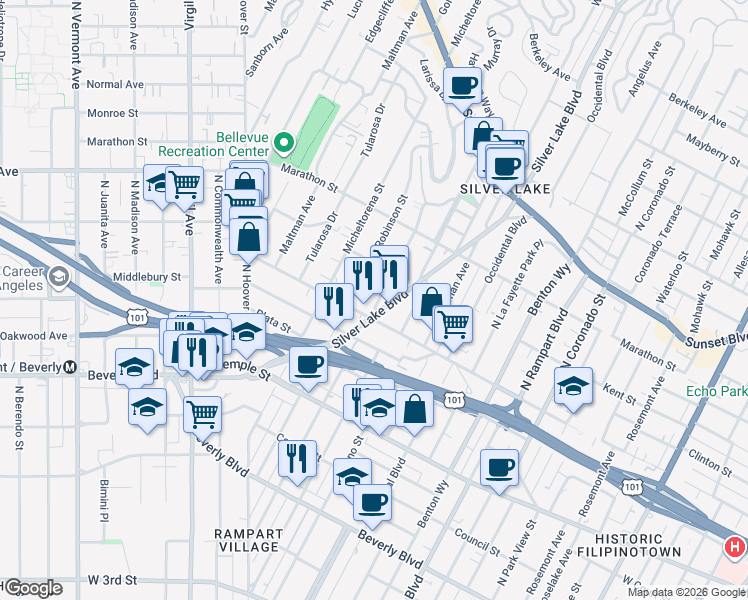 map of restaurants, bars, coffee shops, grocery stores, and more near 3201-3209 Bellevue Avenue in Los Angeles