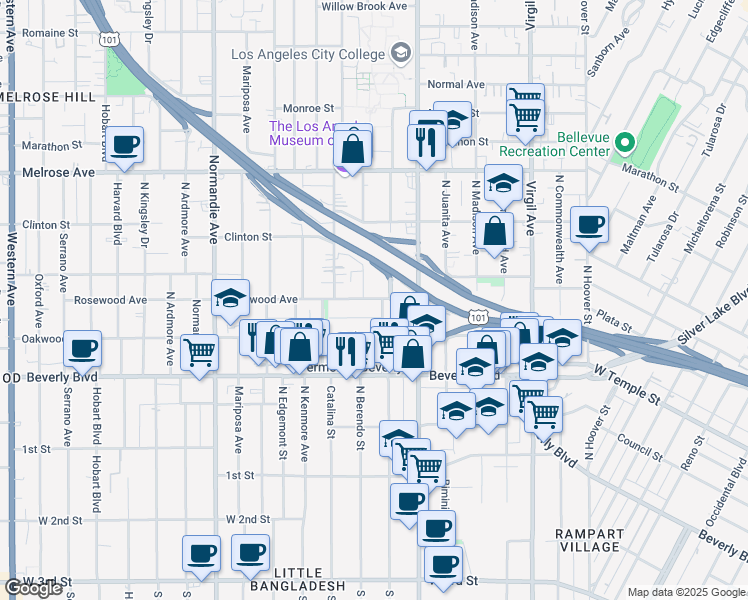 map of restaurants, bars, coffee shops, grocery stores, and more near 4100 Rosewood Avenue in Los Angeles