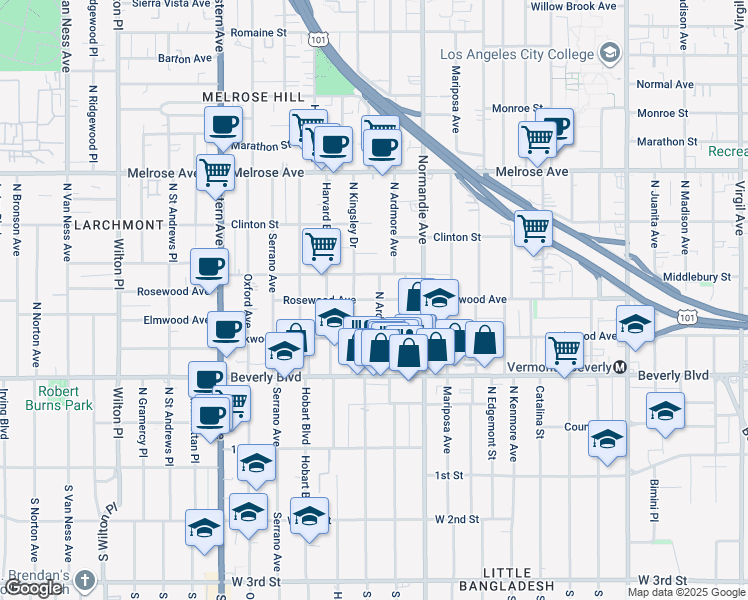 map of restaurants, bars, coffee shops, grocery stores, and more near 426 North Ardmore Avenue in Los Angeles