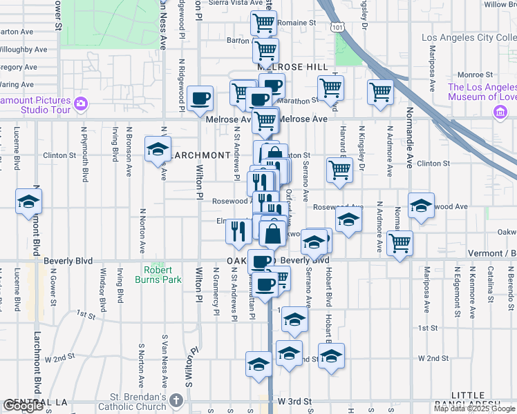 map of restaurants, bars, coffee shops, grocery stores, and more near 4816 Rosewood Avenue in Los Angeles