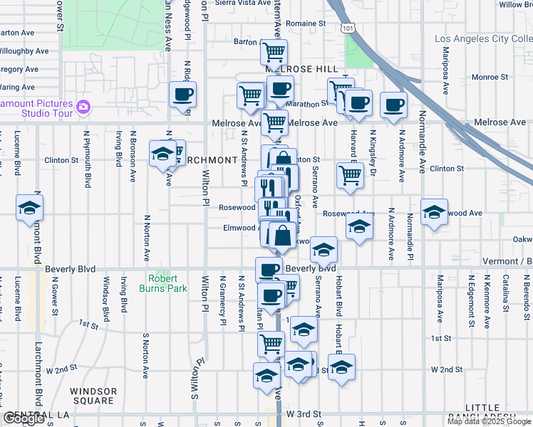 map of restaurants, bars, coffee shops, grocery stores, and more near 401 North Western Avenue in Los Angeles