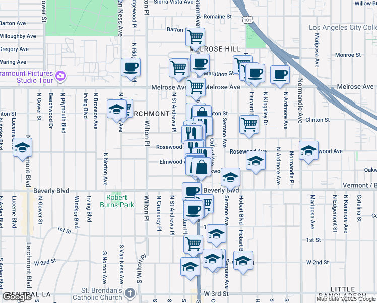 map of restaurants, bars, coffee shops, grocery stores, and more near 401 North Western Avenue in Los Angeles