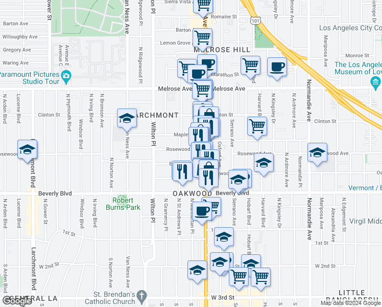 map of restaurants, bars, coffee shops, grocery stores, and more near 4757 1/2 Elmwood Avenue in Los Angeles