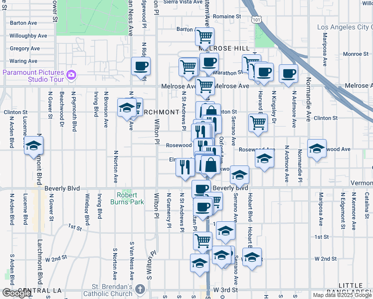 map of restaurants, bars, coffee shops, grocery stores, and more near 4757 1/2 Elmwood Avenue in Los Angeles